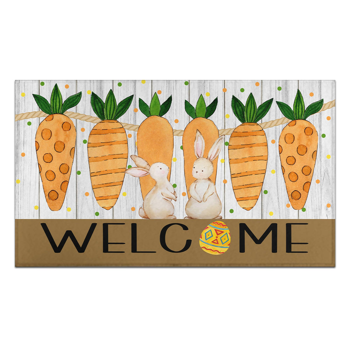 Putware Easter door mat eggs and bunny on teal background welcome guests.