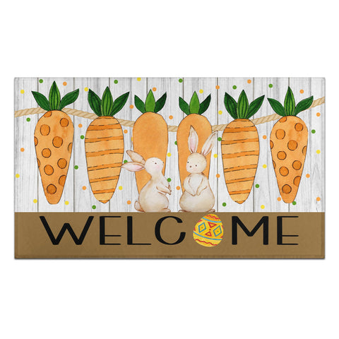 Putware Easter door mat eggs and bunny on teal background welcome guests.