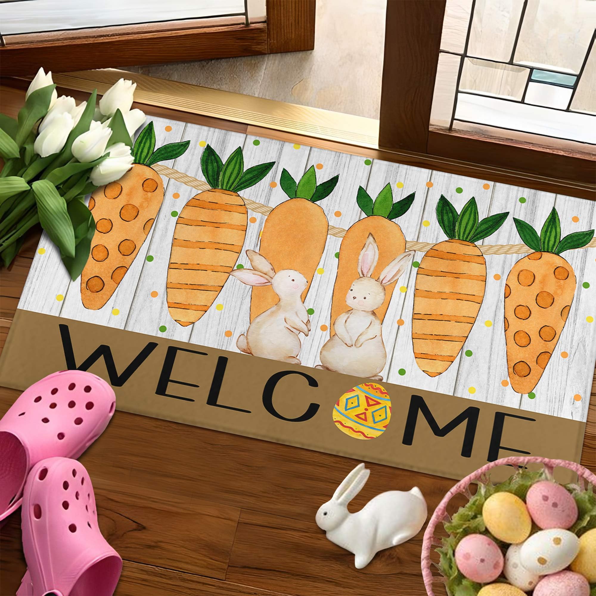 Putware Easter door mat rustic teal backdrop boosts curb appeal.