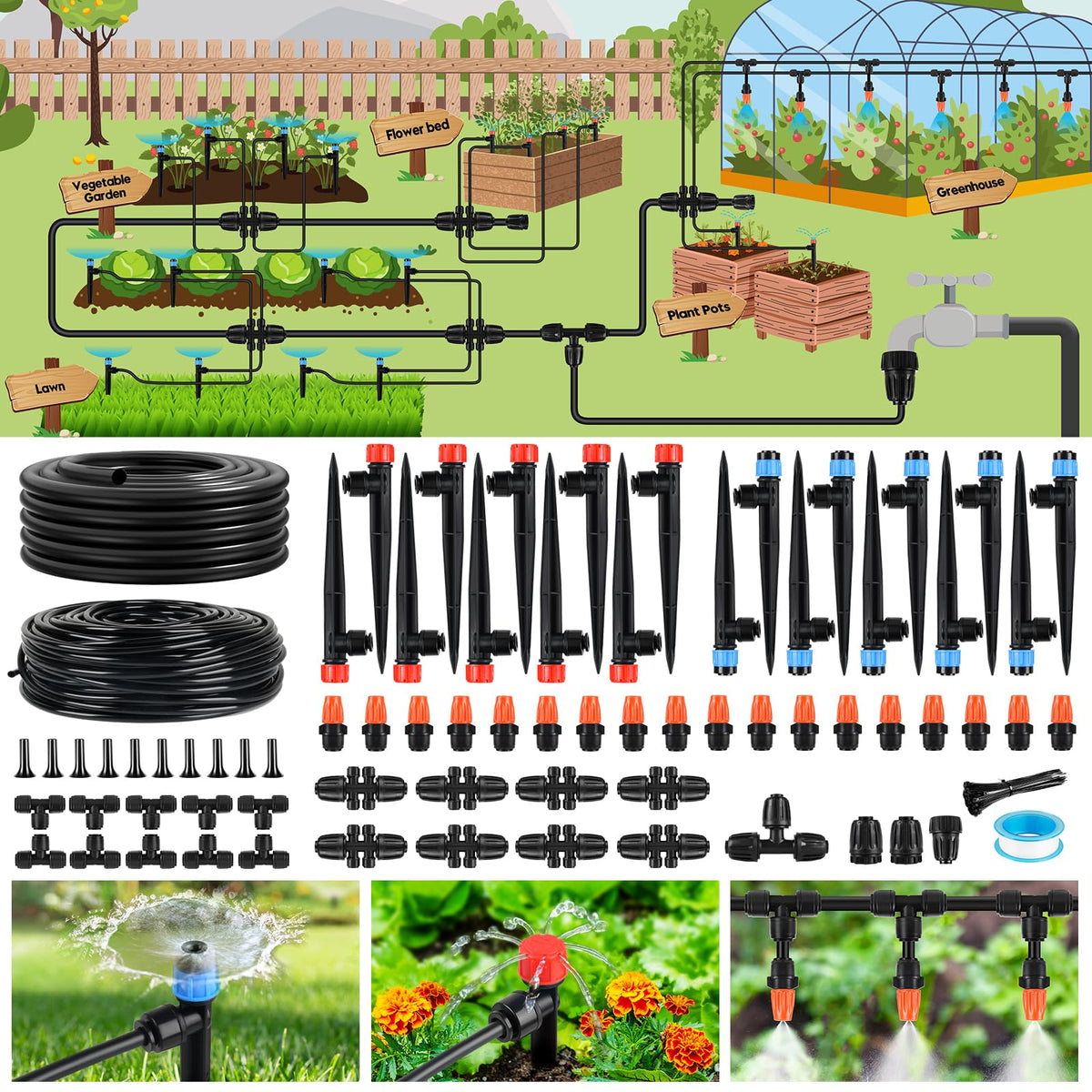 PUUKU 240ft main tubing lays out for efficient garden watering and easy expansions