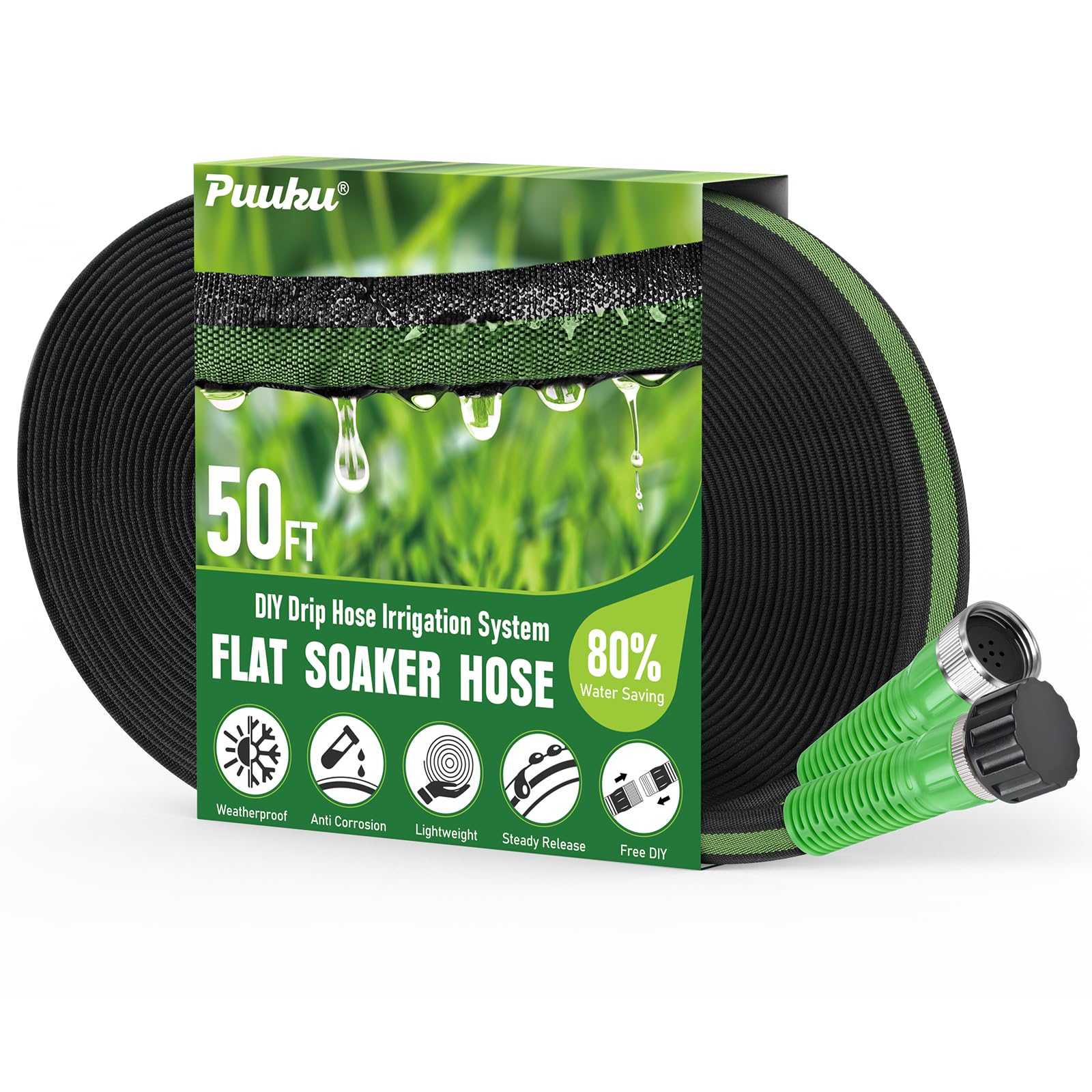 PUUKU flat soaker hose 50ft front view showing flexible low-profile design for even watering