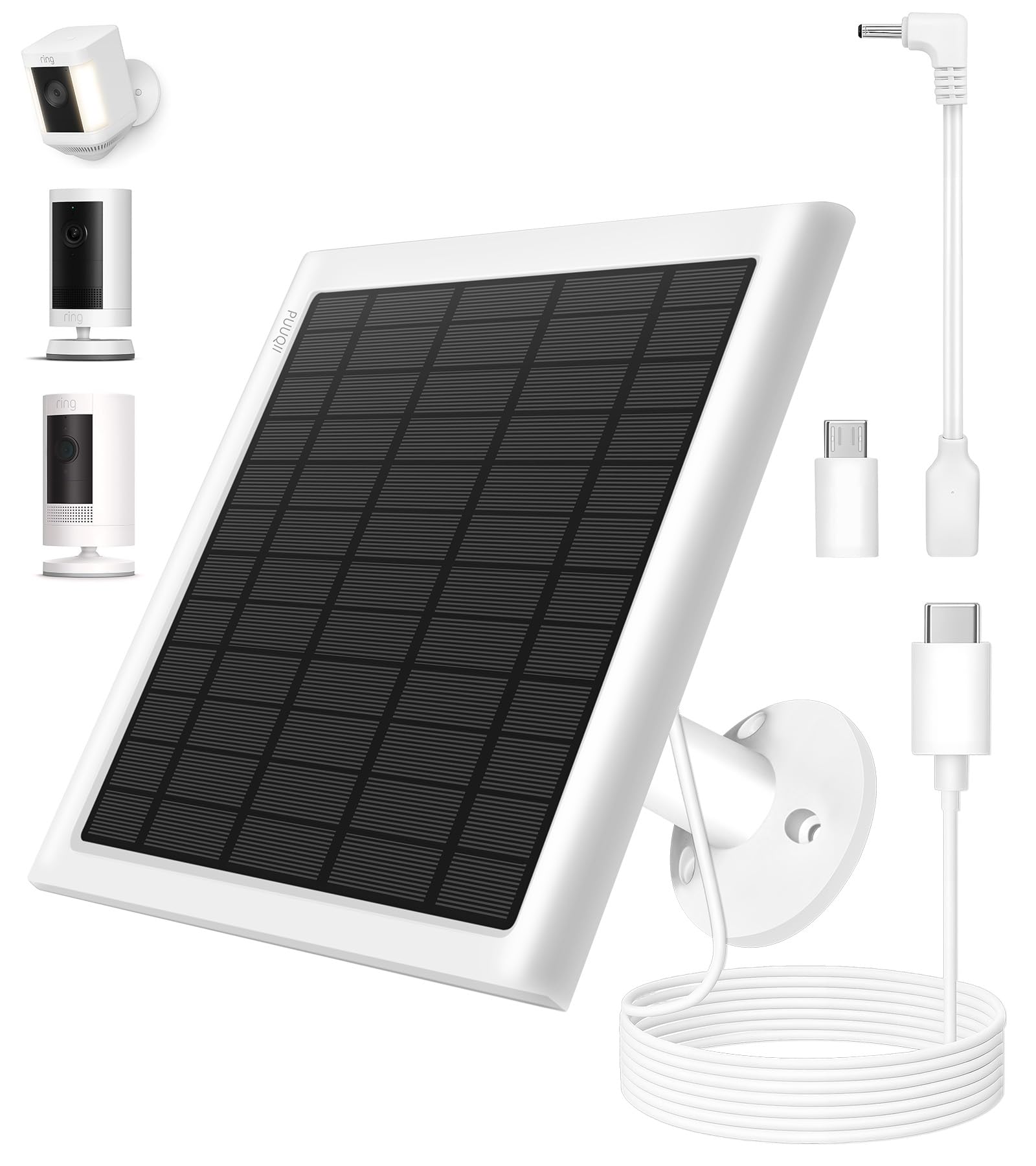 PUUQII 8W solar panel on Ring camera side view powering wireless operation in sunlight