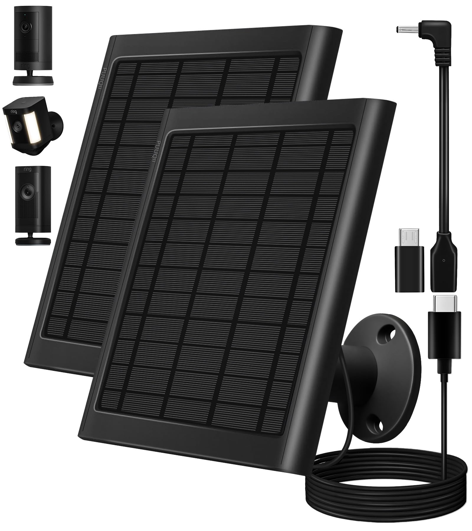PUUQII 8W solar panel mounted on wall for Ring Camera charging in sunlight.
