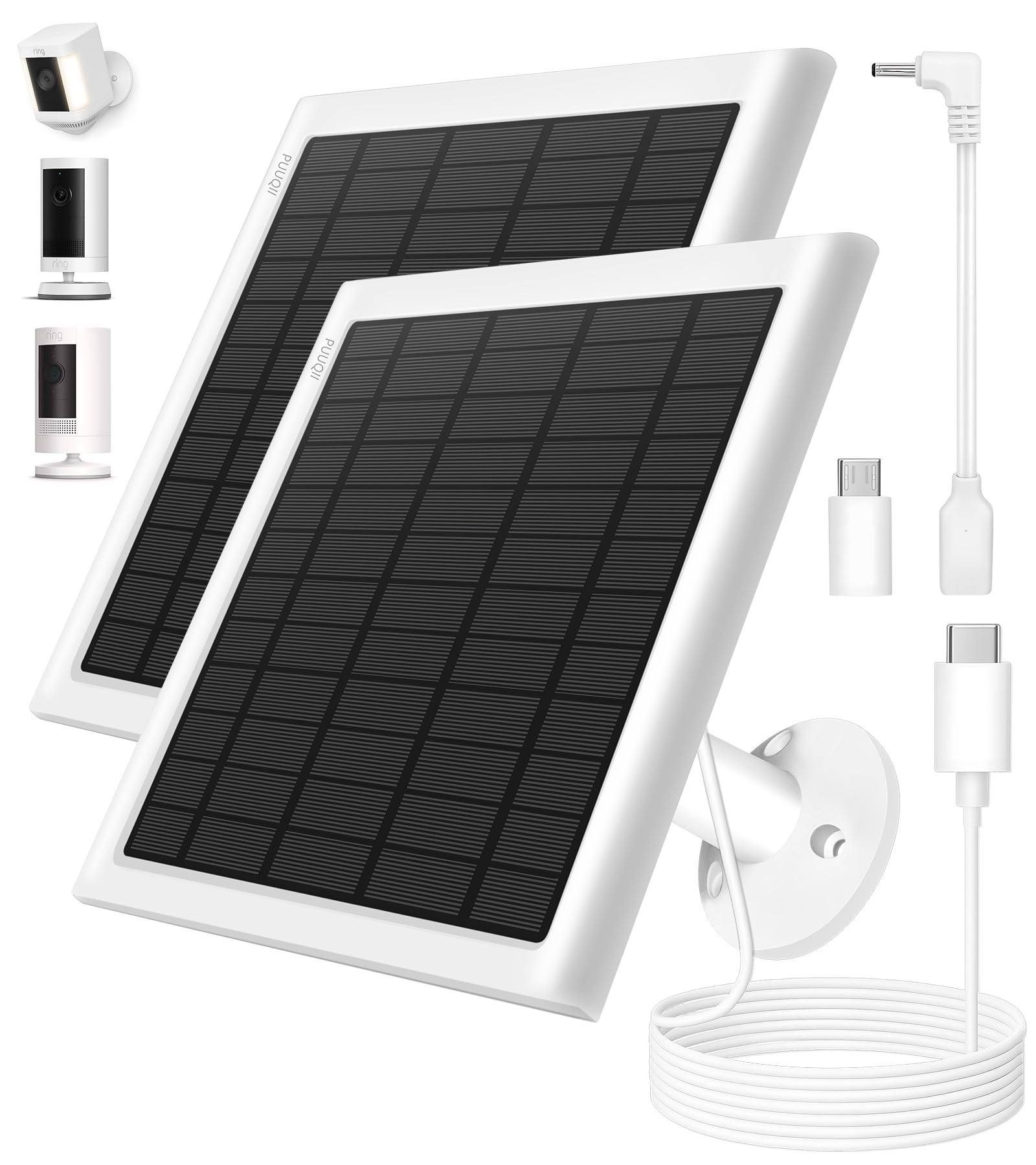 PUUQII 8W solar panel powers Ring Camera outdoors for continuous surveillance.