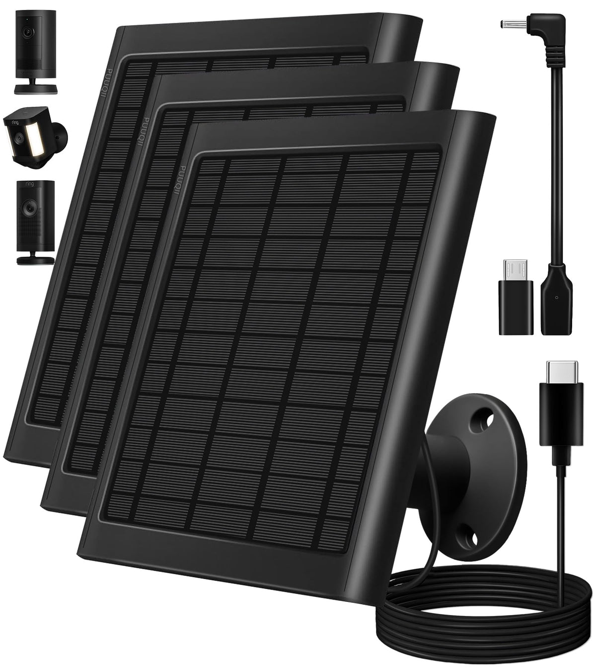 PUUQII 8W solar panel for Ring camera powering outdoor surveillance.