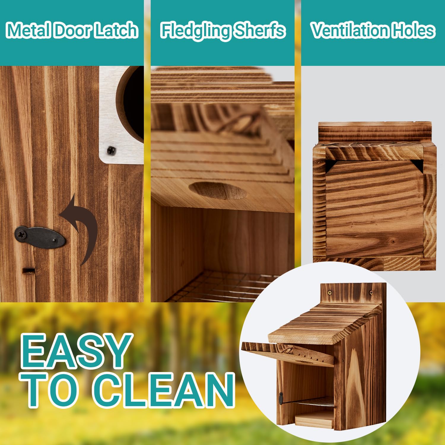 Puyikes bird house front door open for easy cleaning