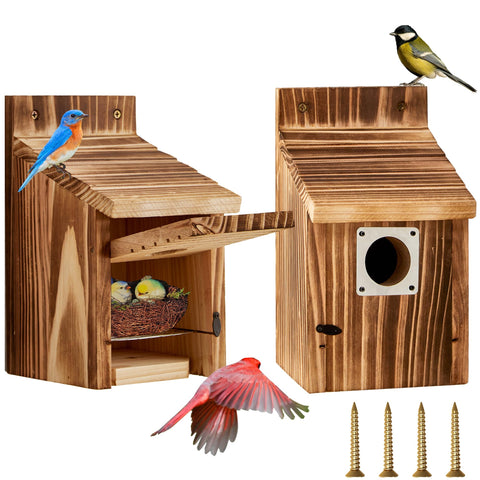 Puyikes bird house front view showing carbonized cedar for weather resistance