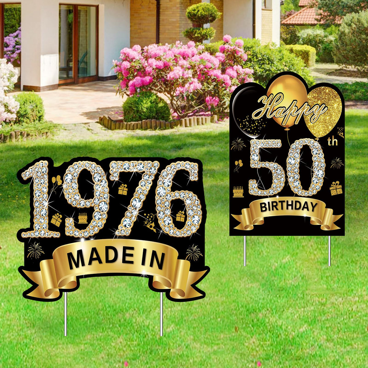 Puyruiv 2-pack 50th birthday yard signs with stakes for quick, wind-resistant setup