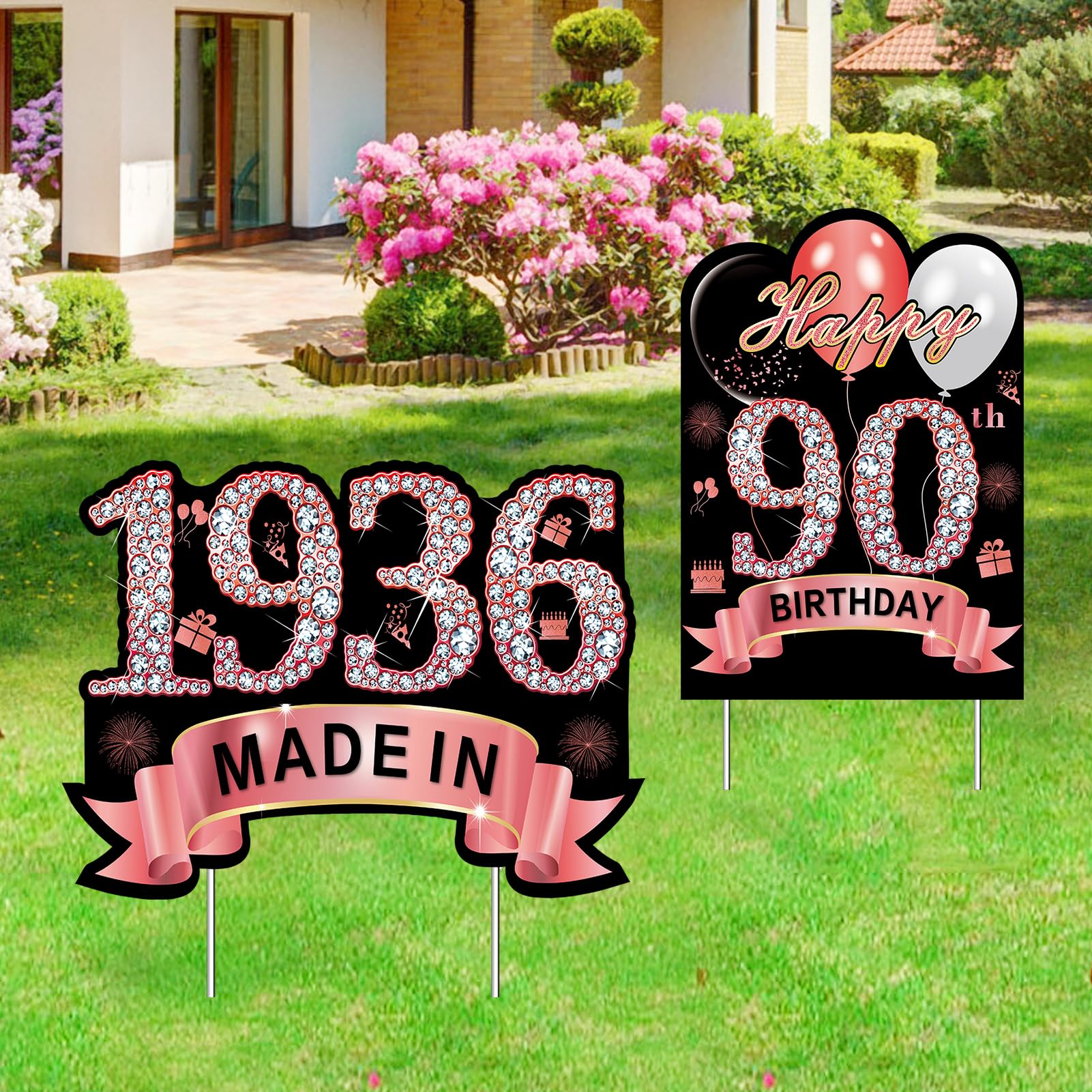 Puyruiv rose gold 90th yard sign set for outdoor celebrations