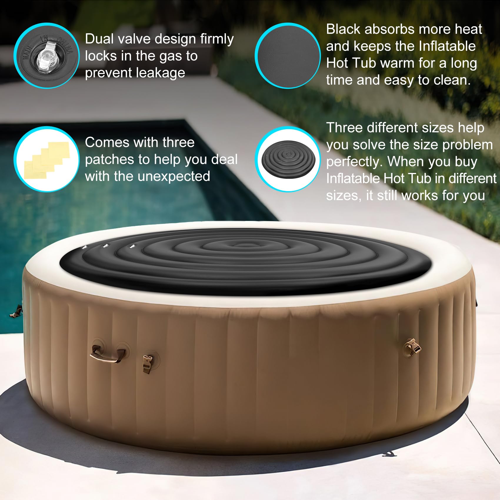 Puzau all-weather spa cover shields tub from wind and rain