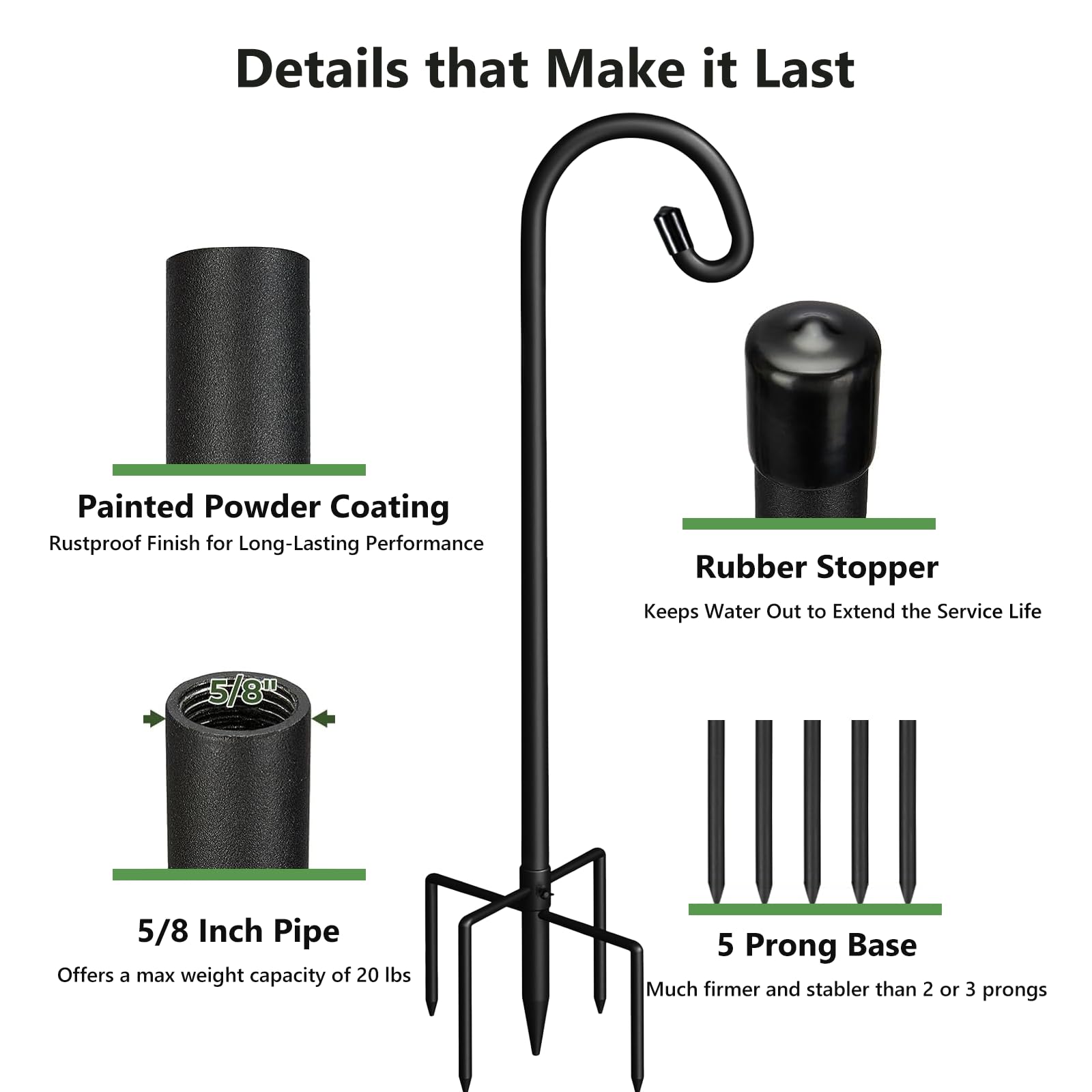 Pvifvi Shepherds Hook five-prong base delivers stable support in windy conditions.