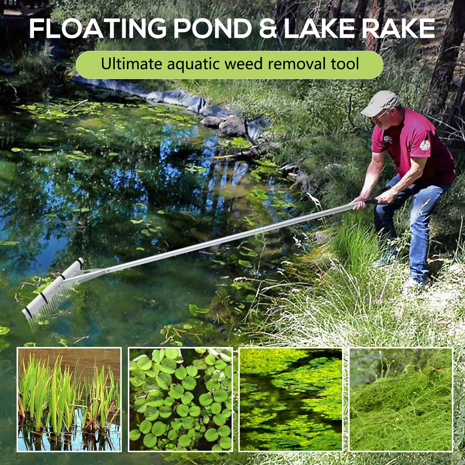 PVNIEFC Floating Lake Rake detail highlights 34 tines for effective weed removal