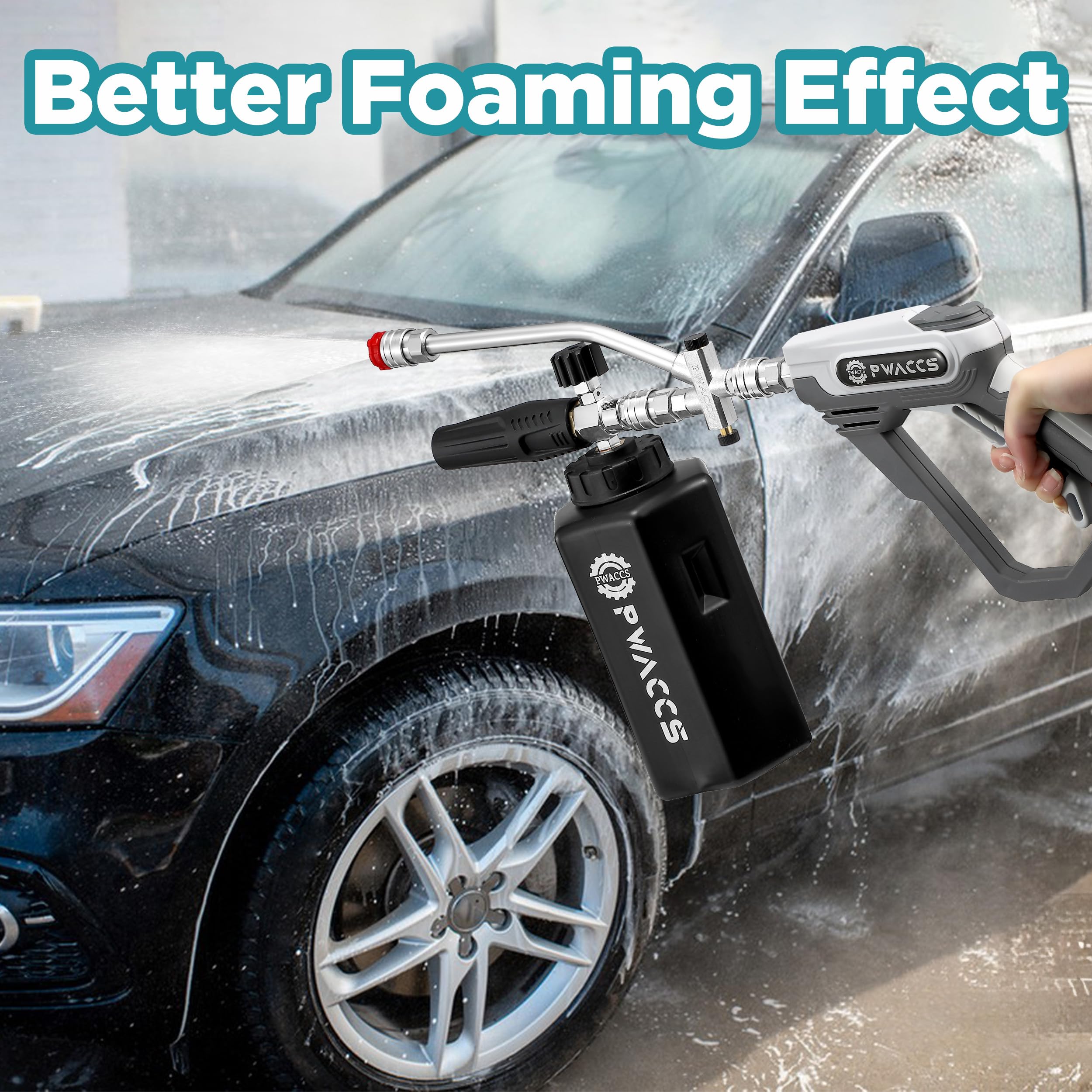 PWACCS foam cannon with adjustable nozzle delivers thick, clingy foam.
