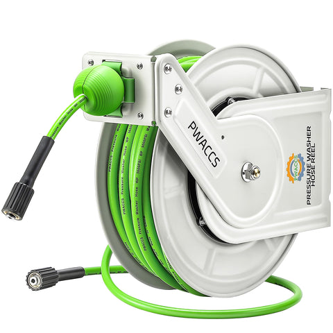 PWACCS retractable hose reel 60ft in use for car washing and patio cleaning