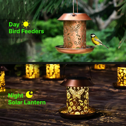 PWOOME metal feeder close-up shows rust-proof coating for long outdoor use.