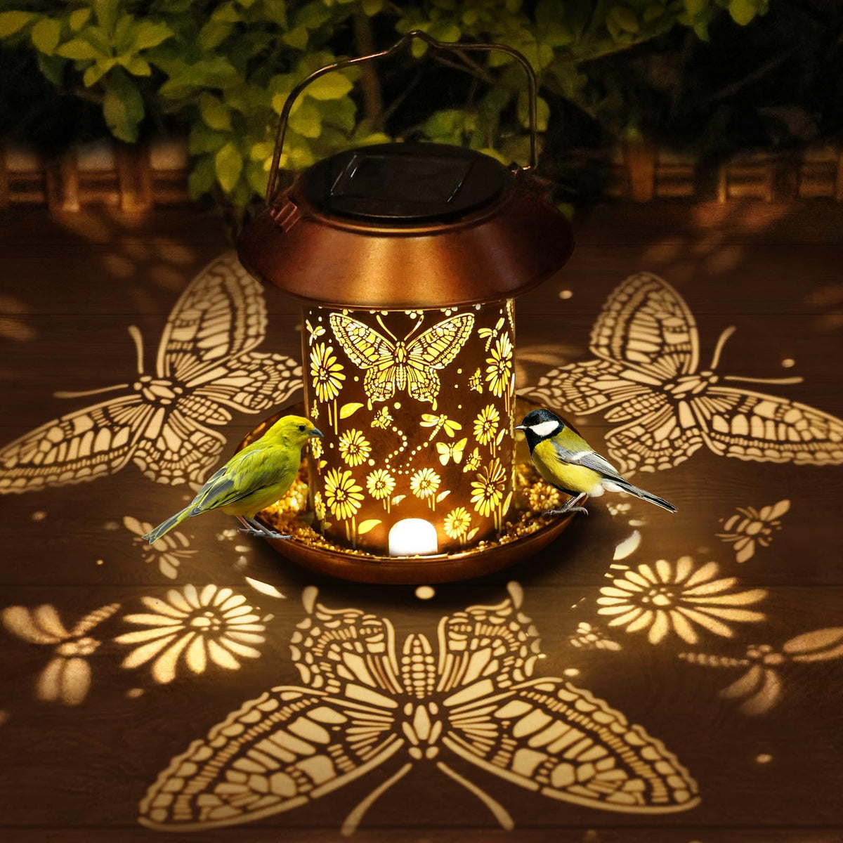 PWOOME solar bird feeder with butterfly lantern hanging on a tree attracts birds.
