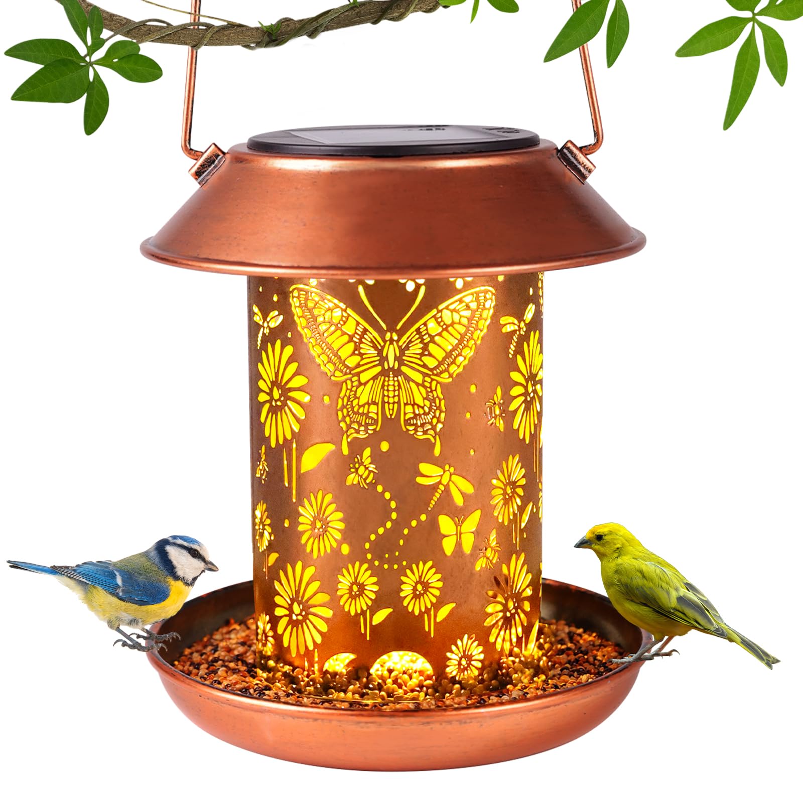 PWOOME solar bird feeder at night glows softly, guiding birds to the feeding spot.