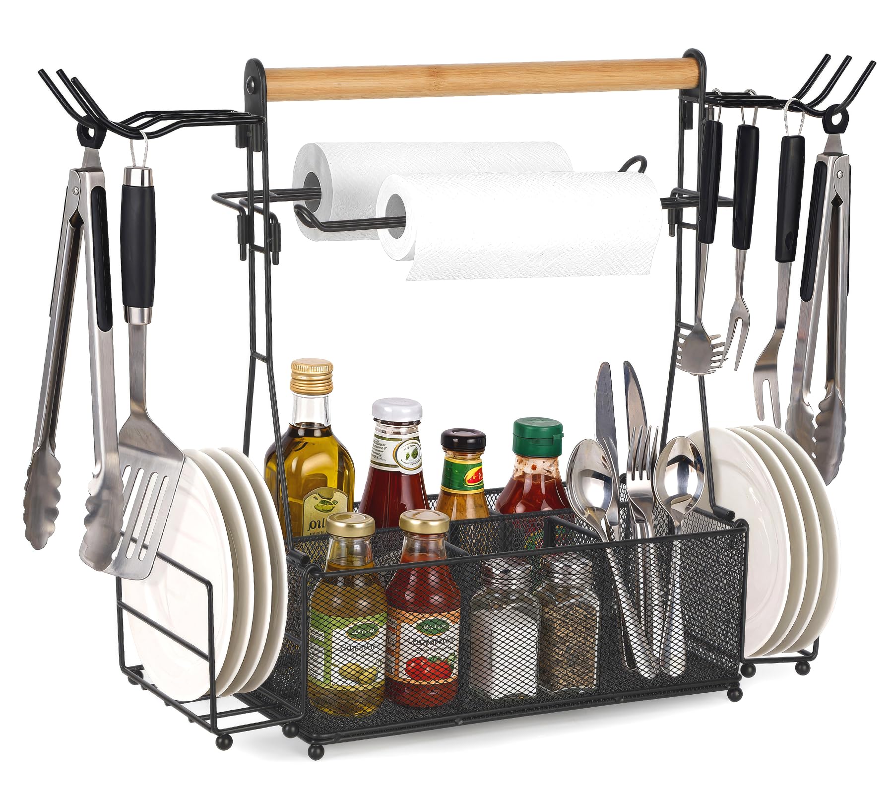 PWSOMJ Grill Caddy with compartments and hooks for organized outdoor cooking.