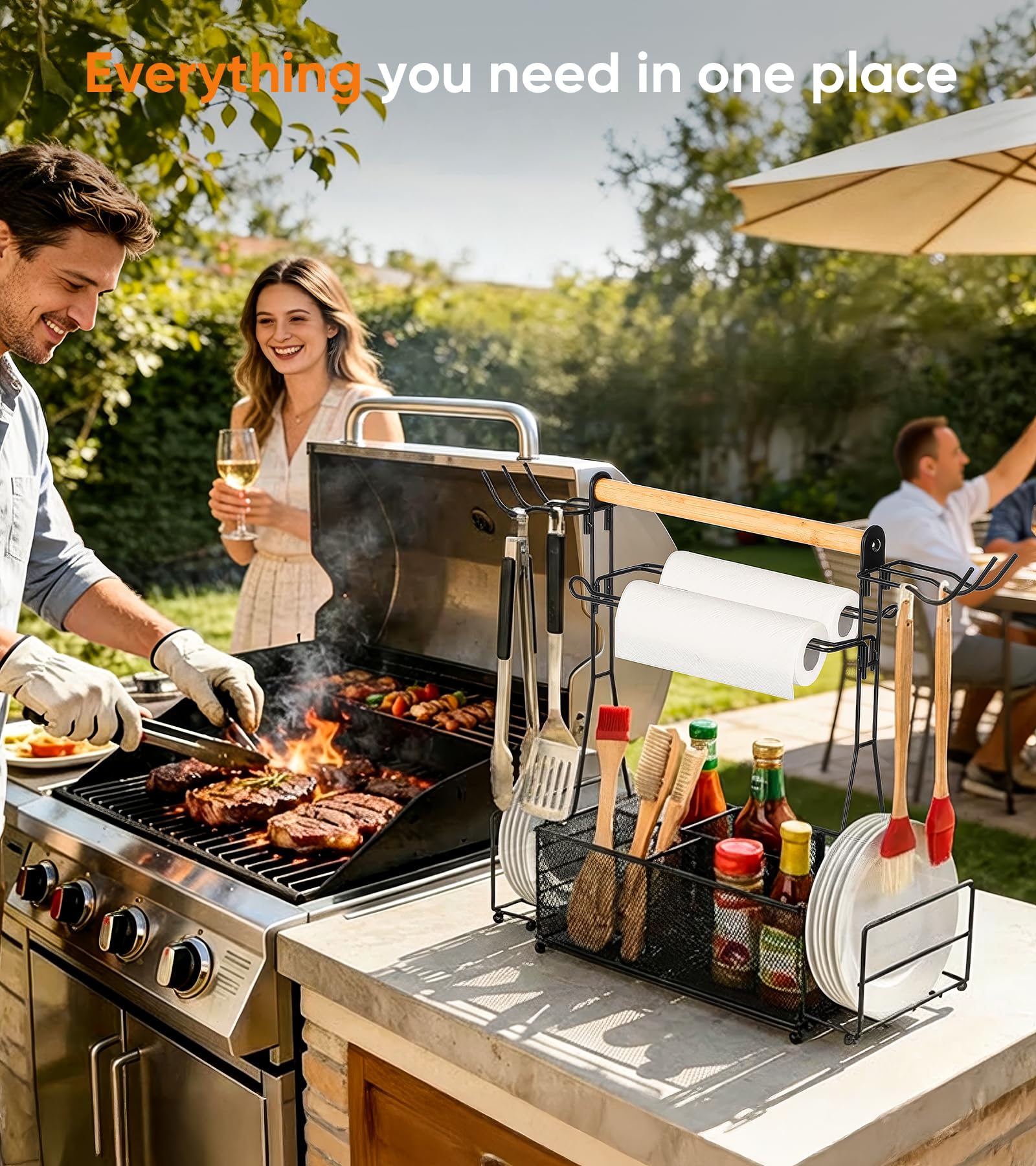 PWSOMJ Grill Caddy showing paper towel holders for quick cleanups during barbecues.