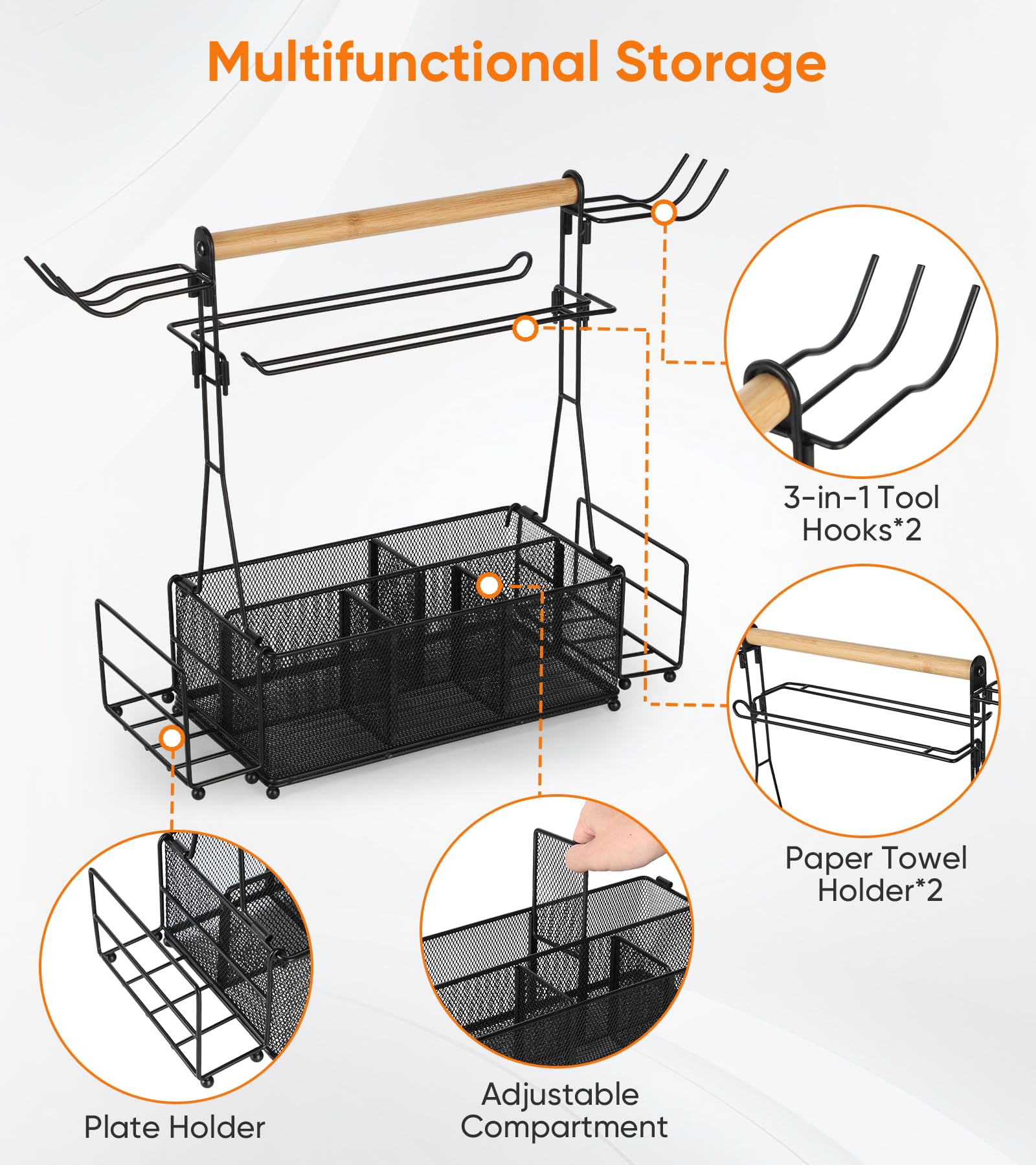 Removable plate racks on the PWSOMJ Grill Caddy keep plates handy at picnics.