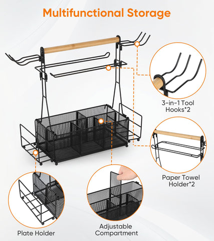 Removable plate racks on the PWSOMJ Grill Caddy keep plates handy at picnics.