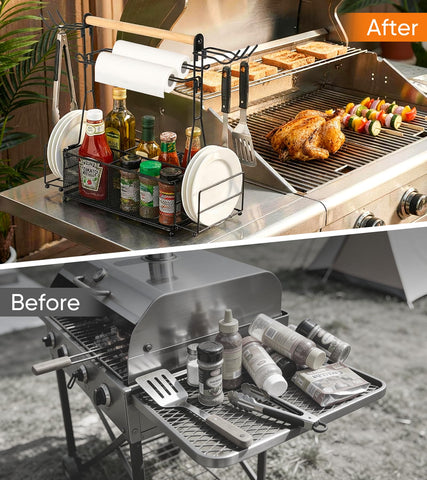 Smooth wooden handle on PWSOMJ Grill Caddy enables easy one-handed transport.