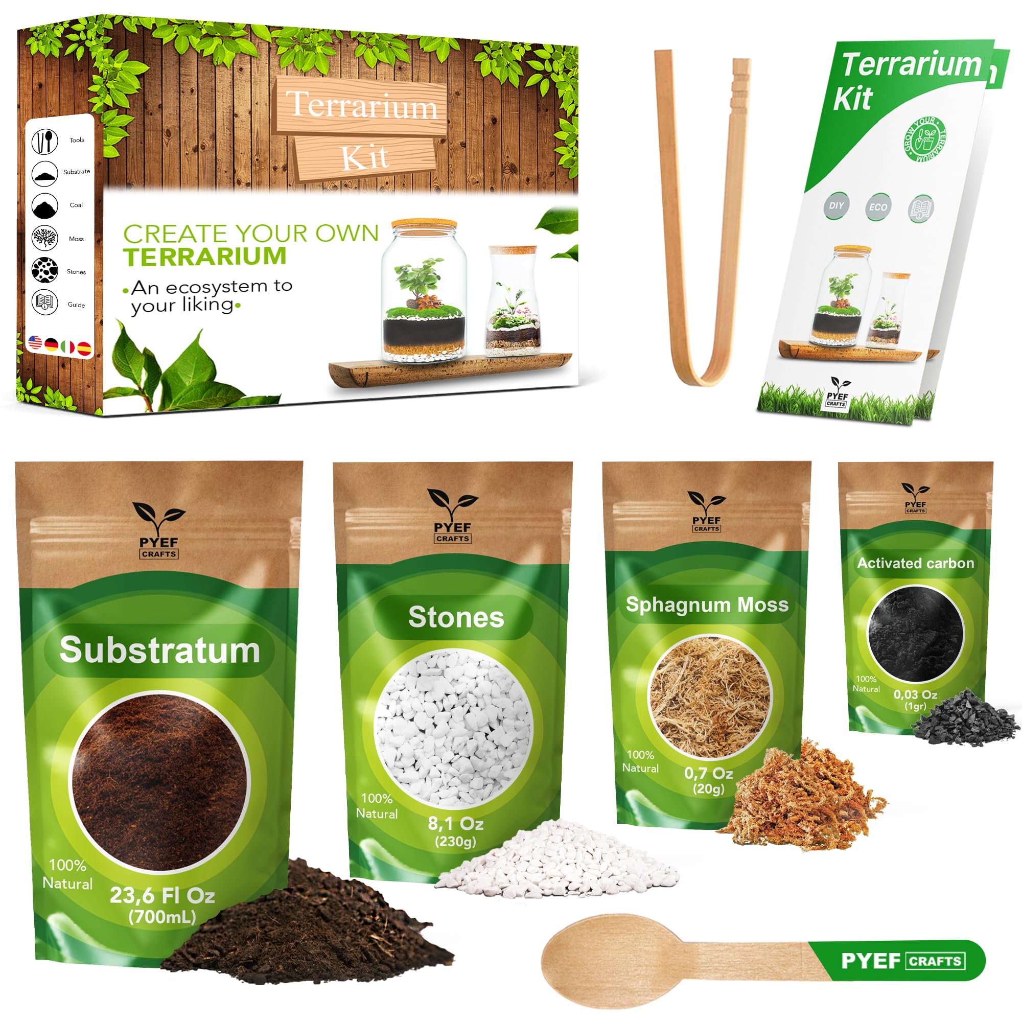 PYEF CRAFTS terrarium kit contents ready for quick setup.