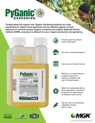 PyGanic Gardening spray application image showing easy mist for outdoor pest control.