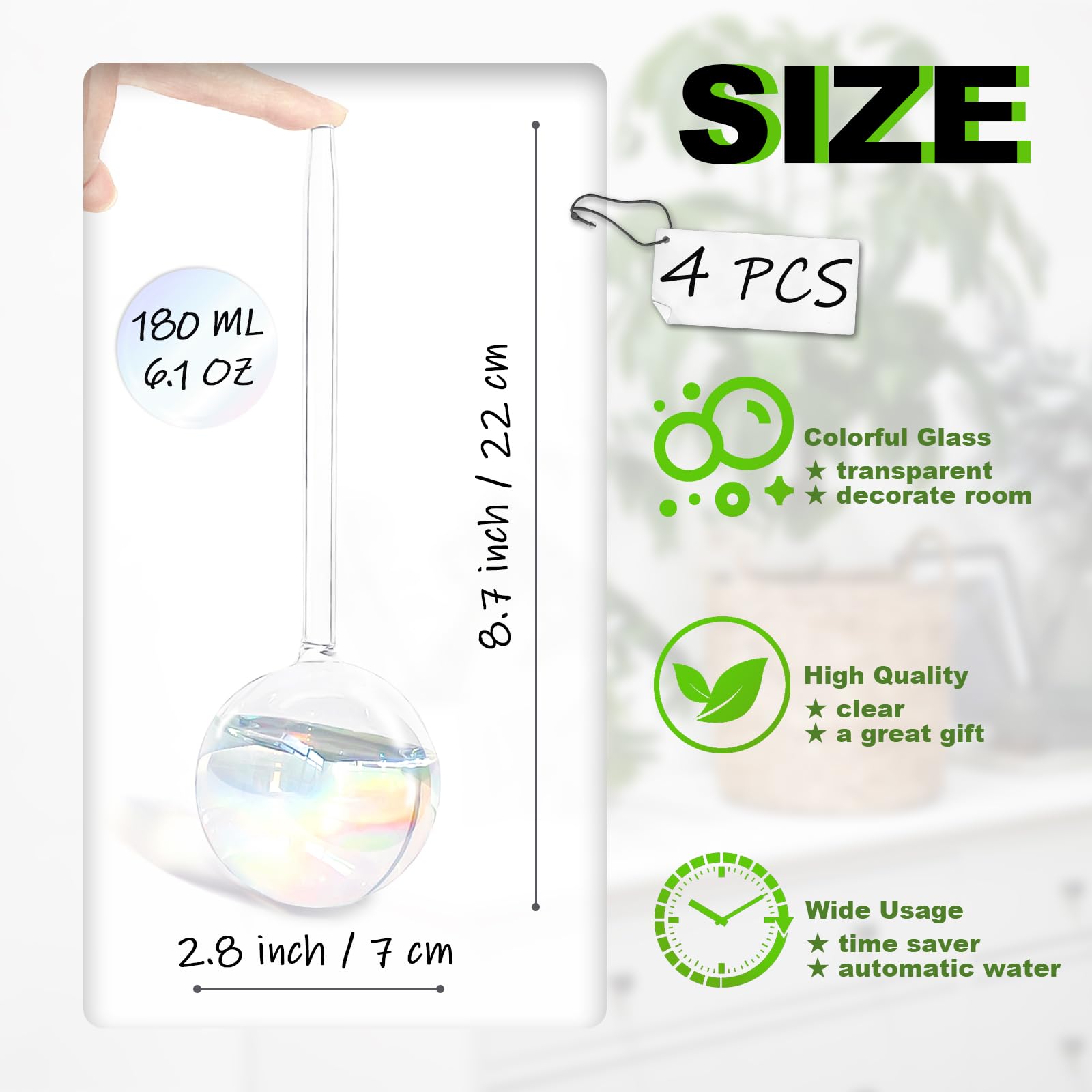 Pynqdfu rainbow glass watering globe closeup shows transparent water level for easy monitoring.