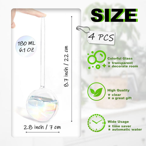 Pynqdfu rainbow glass watering globe closeup shows transparent water level for easy monitoring.