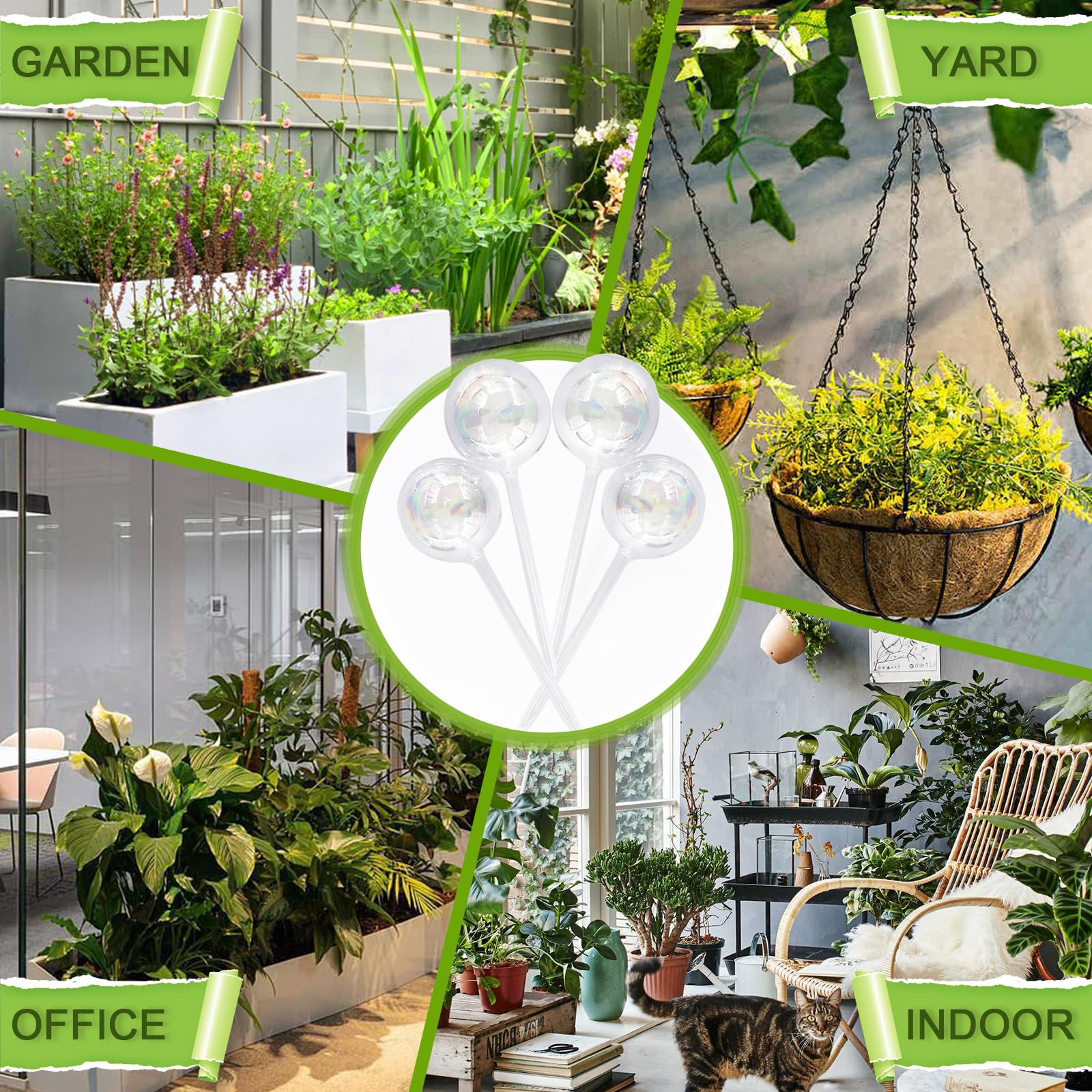 Pynqdfu rainbow glass globe in garden highlights outdoor plant hydration.