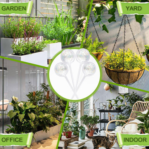 Pynqdfu rainbow glass globe in garden highlights outdoor plant hydration.