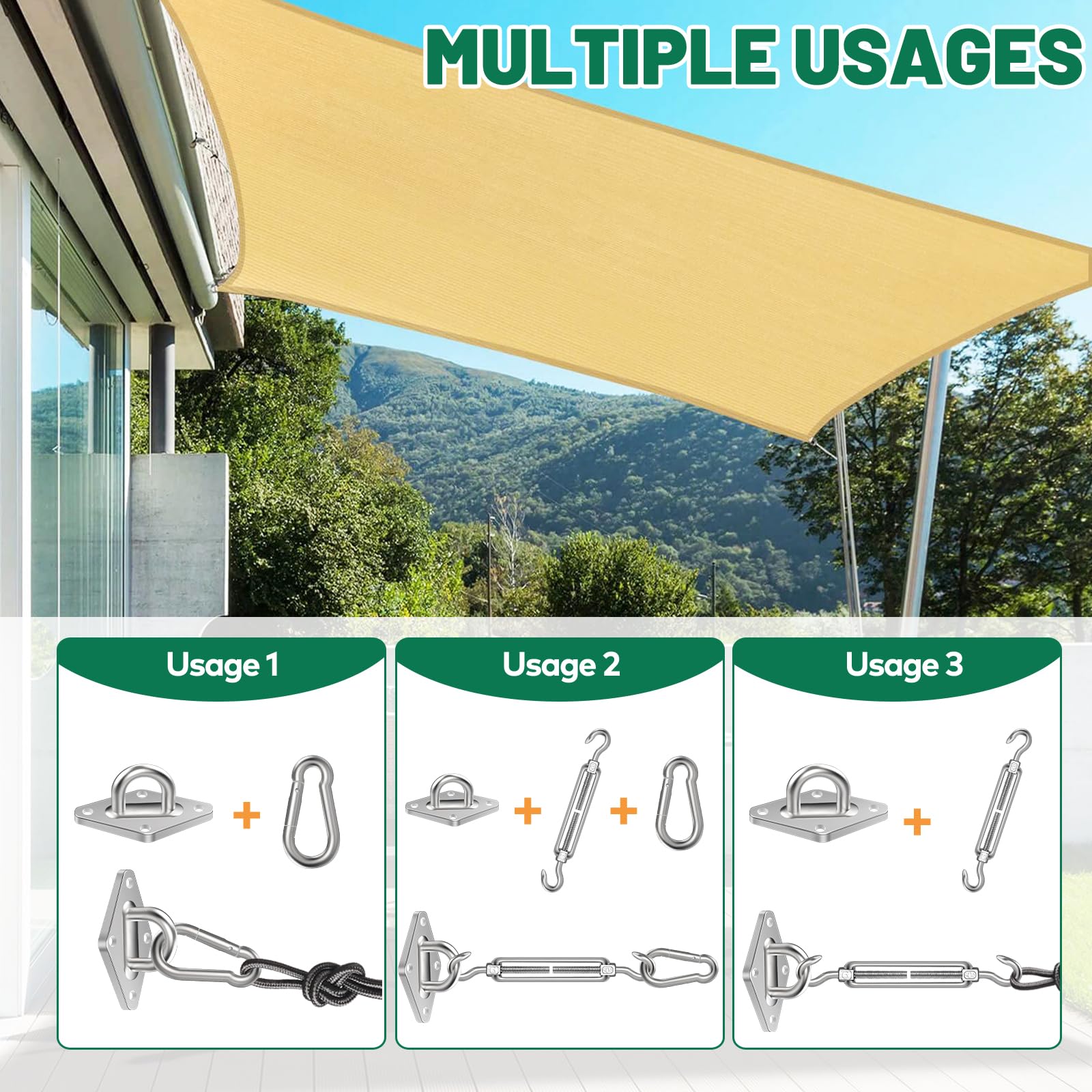 Pynsseu shade sail hardware snap-hooks provide quick, reliable attachments