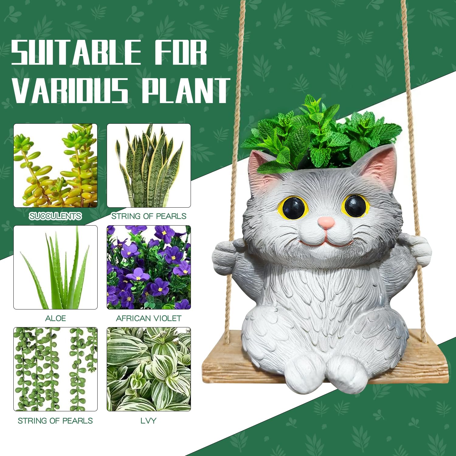 Pyoimmne cat hanging planter features drainage hole with rubber stopper.