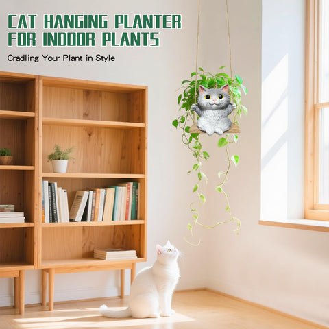 Pyoimmne cat hanging planter suitable for indoor and outdoor decor.