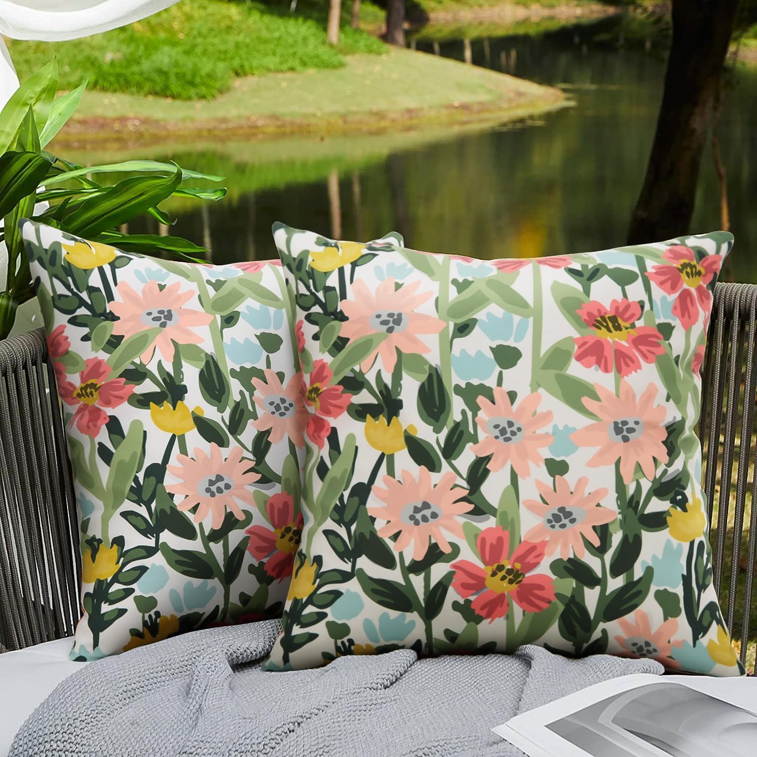 Pyonic floral pillow cover suitable for both indoor and outdoor decor.