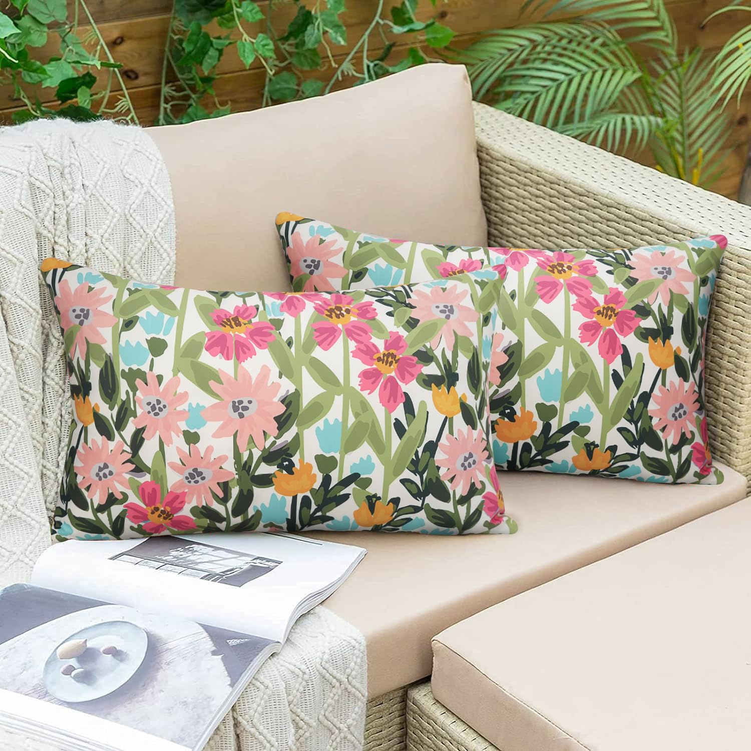 Pyonic outdoor floral pillow cover, 12x20 inches, moisture-resistant for patios.