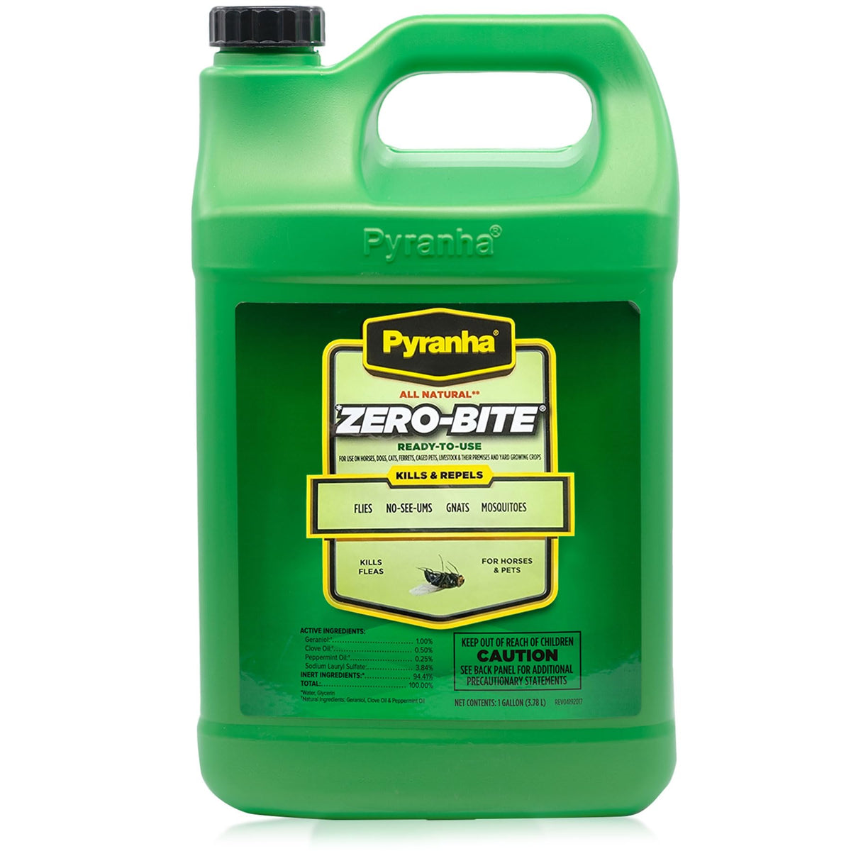 Pyranha Zero-Bite fly spray bottle protects horses and pets from biting insects.
