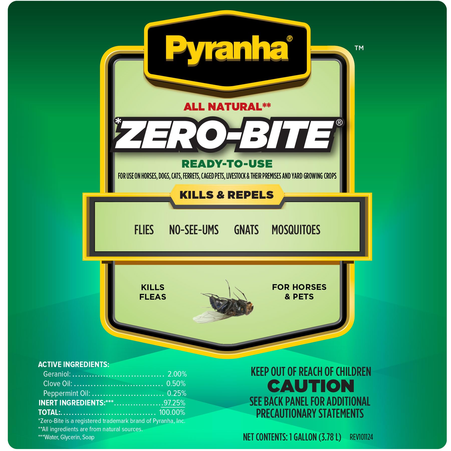 Pyranha Zero-Bite spray on horses for outdoor use deters flies and no-see-ums.