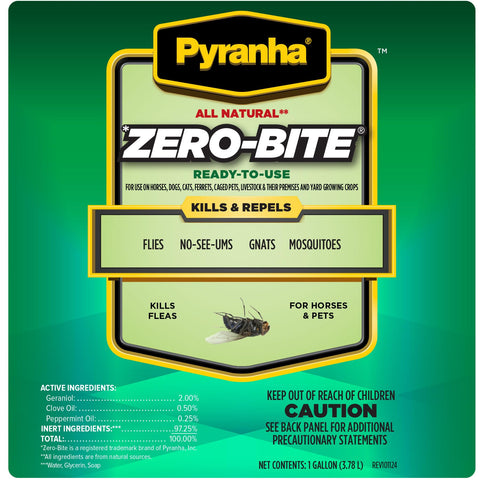 Pyranha Zero-Bite spray on horses for outdoor use deters flies and no-see-ums.