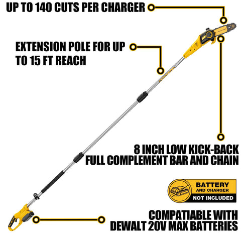 Pyrcruax cordless pole saw with Dewalt 20V Max compatibility.