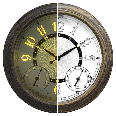 Pytha Sight illuminated 15-inch outdoor clock front view for night readability.