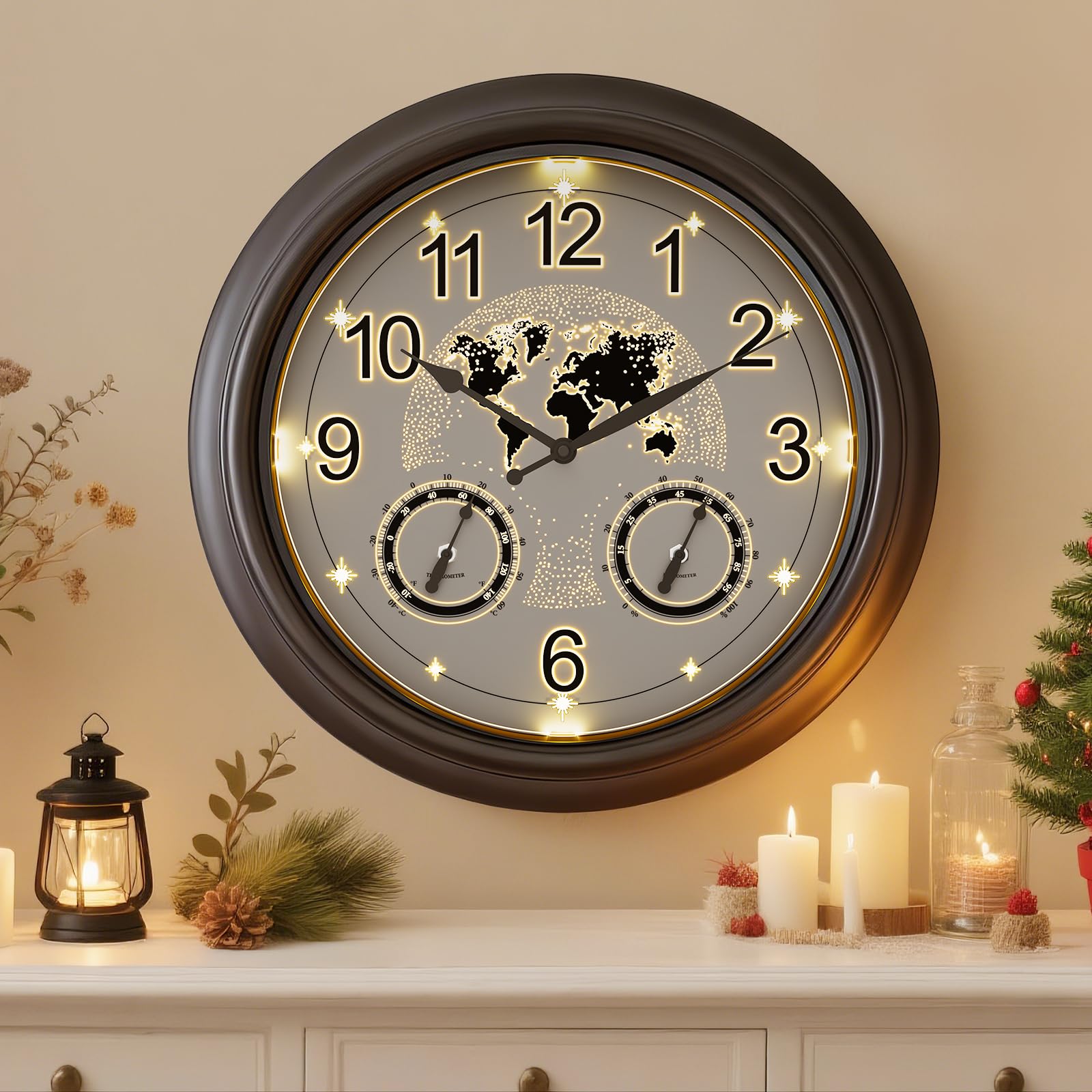 Pytha Sight illuminated clock with star-map design for outdoor elegance and easy viewing.