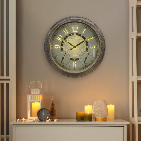 Pytha Sight outdoor clock LED backlight for nighttime visibility on the patio.