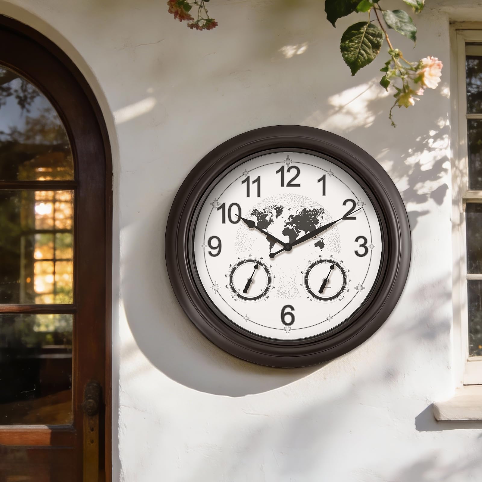 Pytha Sight outdoor wall clock with auto light sensor for dusk readability.