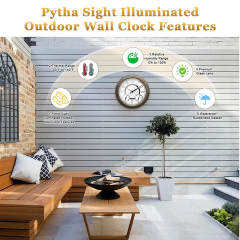Pytha Sight thermometer and hygrometer display illuminated for outdoor readings.