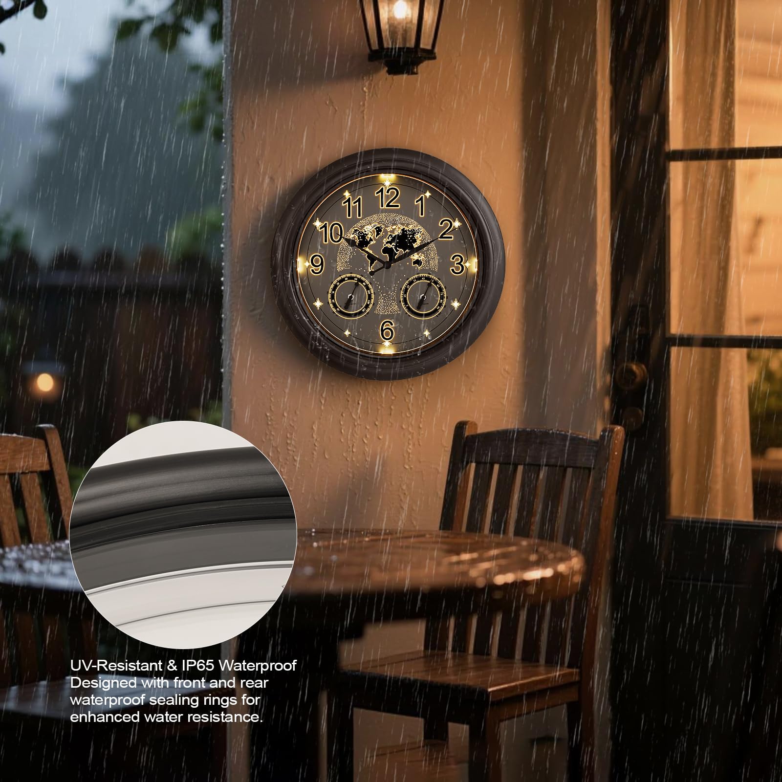Pytha Sight IP65 waterproof clock ideal for patios and poolside spaces.