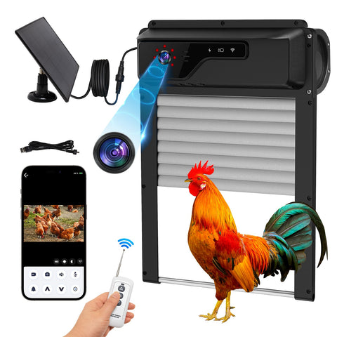 PYUNZGO automatic chicken coop door with WiFi camera for live monitoring.