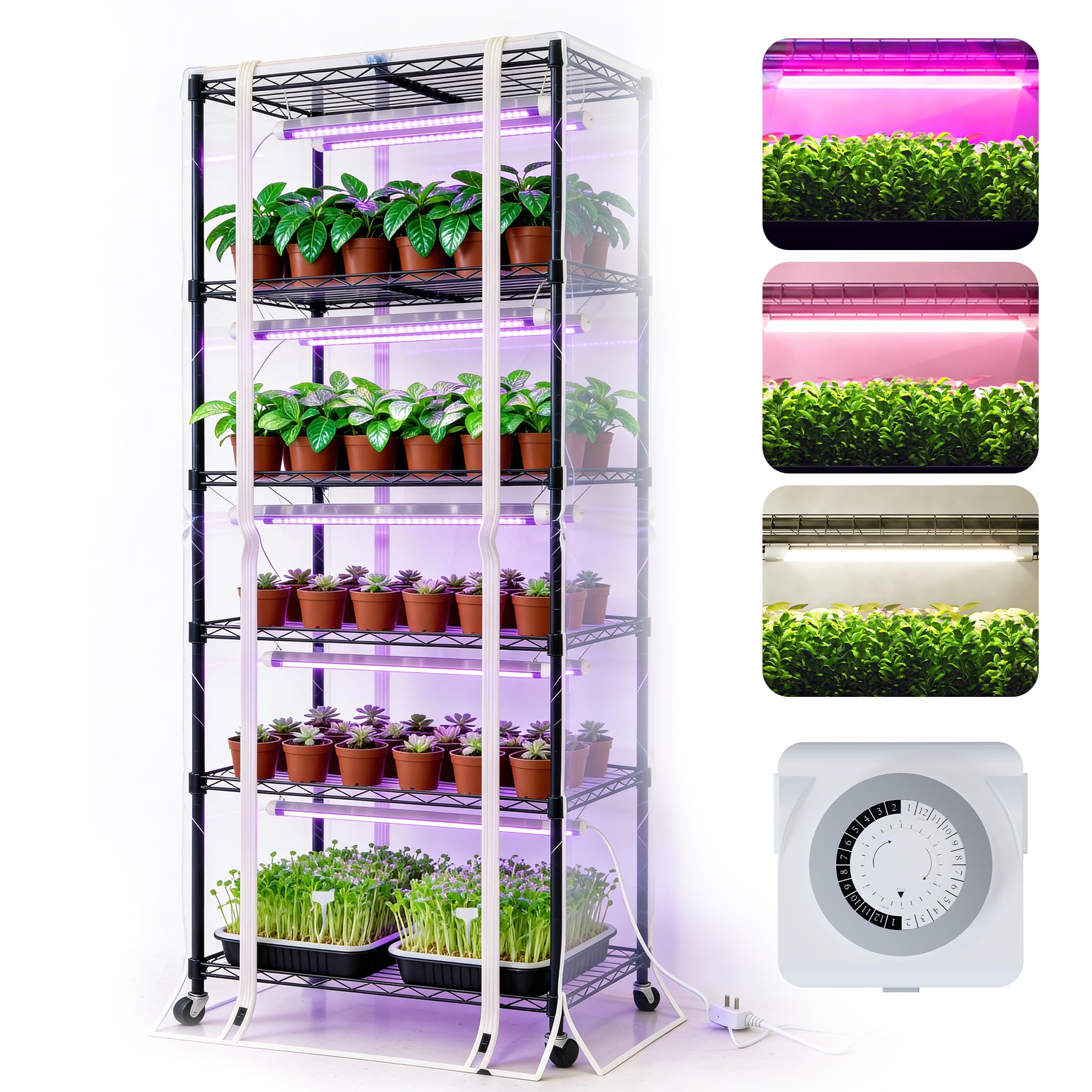 PYY Indoor Greenhouse front view highlights six-tier design for seedlings.