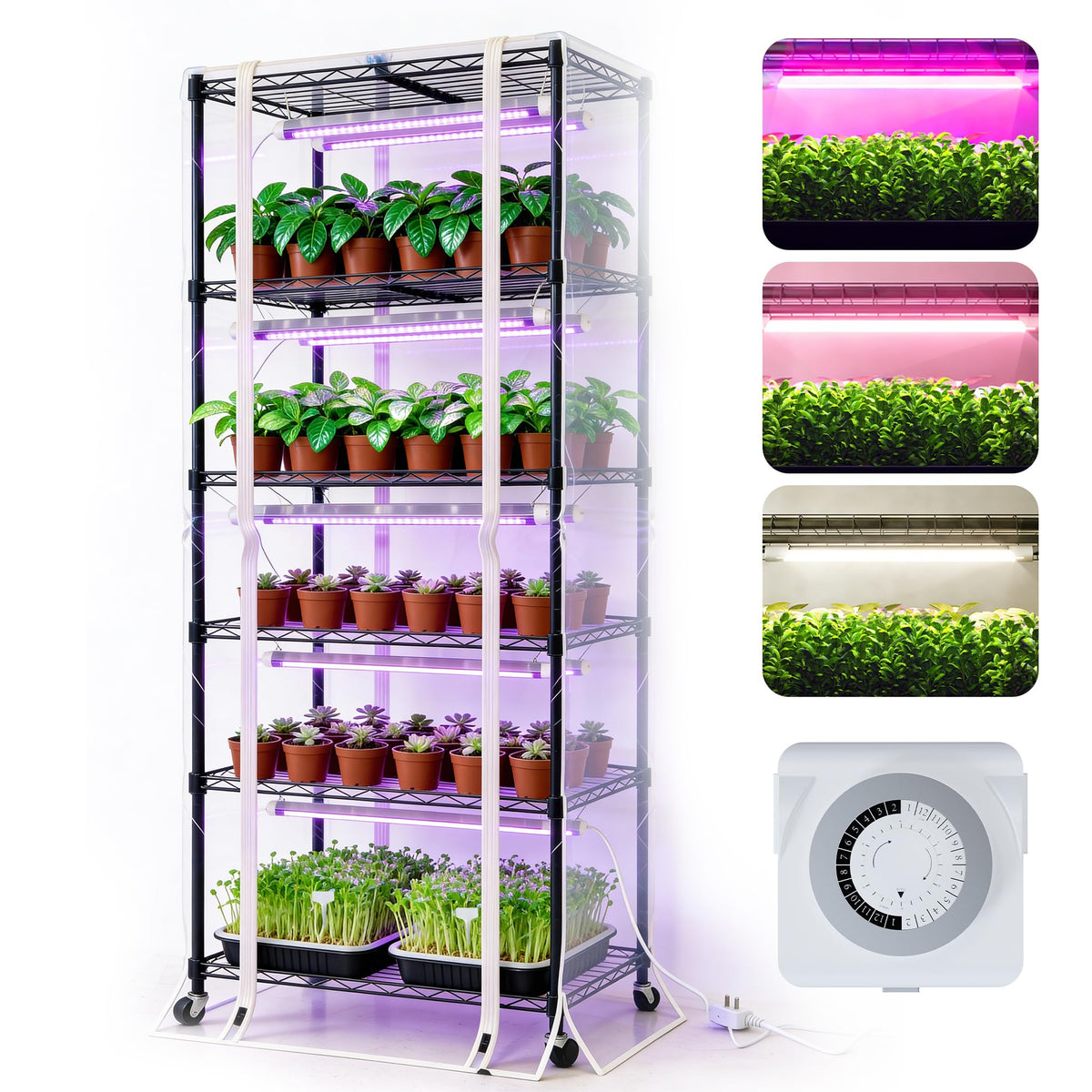 PYY Indoor Greenhouse front view highlights six-tier design for seedlings.
